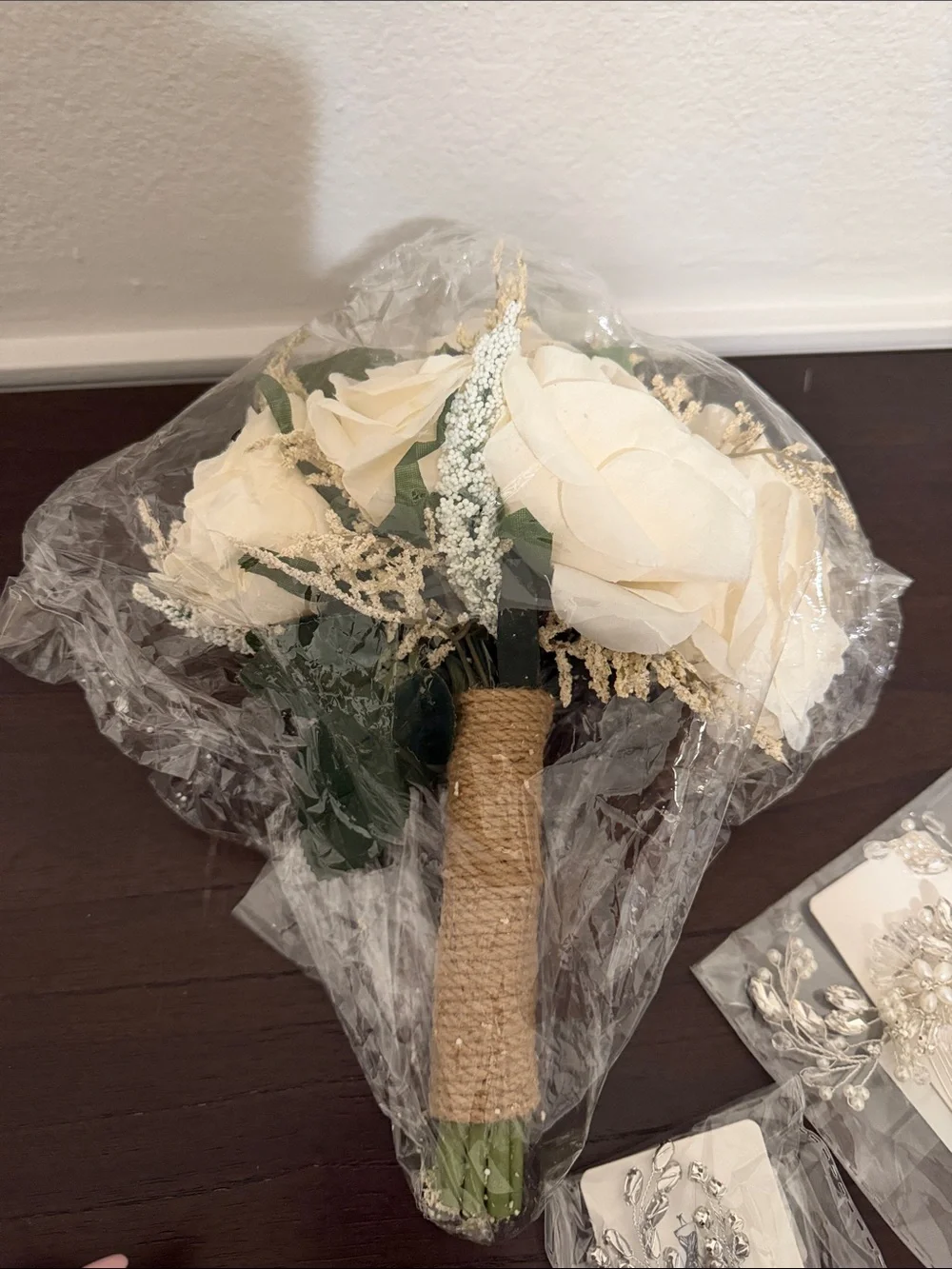 Ivory Faux Rose Bridal Bouquet with Silver Hair Combs